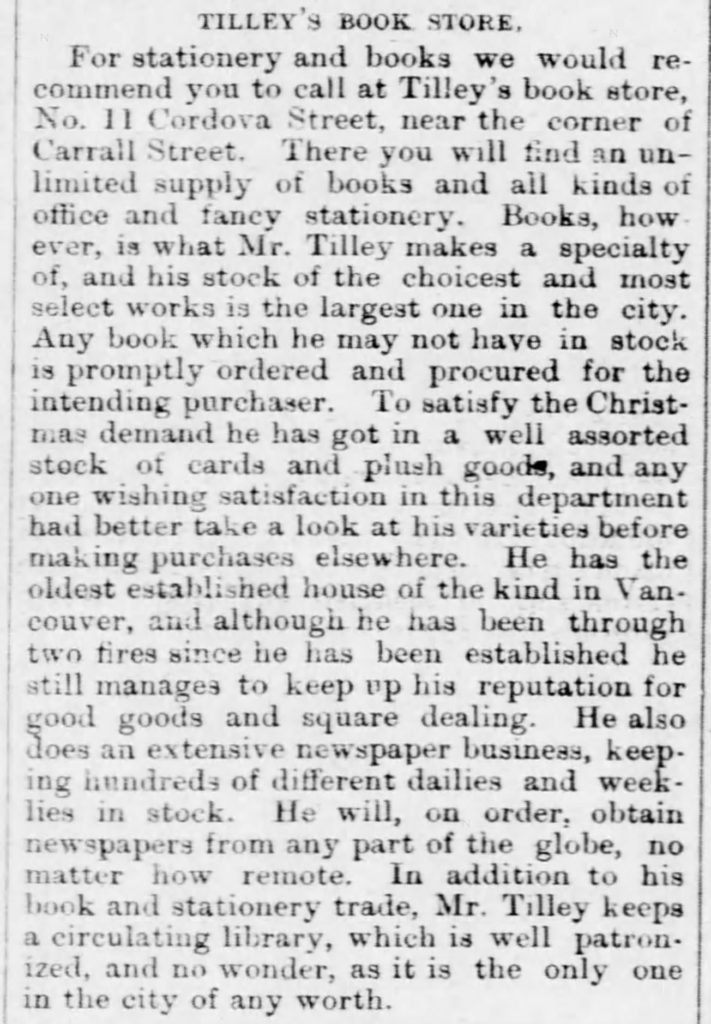 Newspaper clipping about Tilley's store from December 1889.